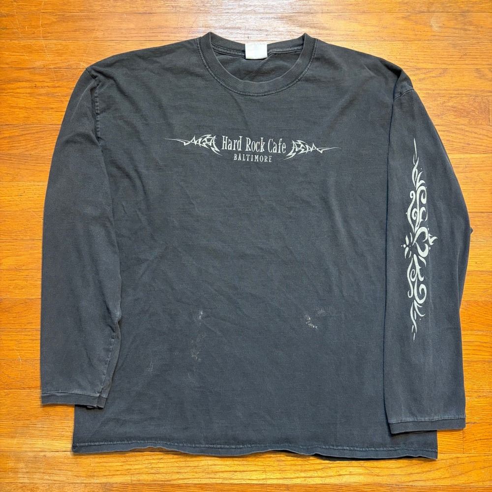Hard Rock Cafe Baltimore Long Sleeve T-Shirt Black Tribal Graphic Mens XL Faded
